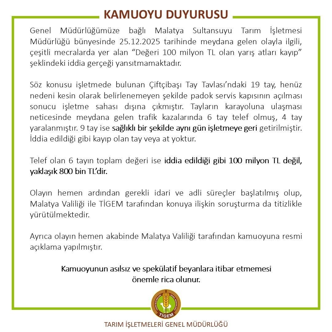 Tarım İşletmeleri Genel Müdürlüğü (TİGEM), ’değeri 100 milyon lira olan