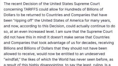 ABD Başkanı Donald Trump, ABD Yüksek Mahkemesi’nin gümrük vergilerini iptal