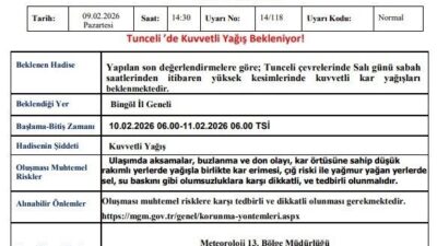 Meteoroloji 13. Bölge Müdürlüğü, Tunceli için kuvvetli kar yağışı uyarısında