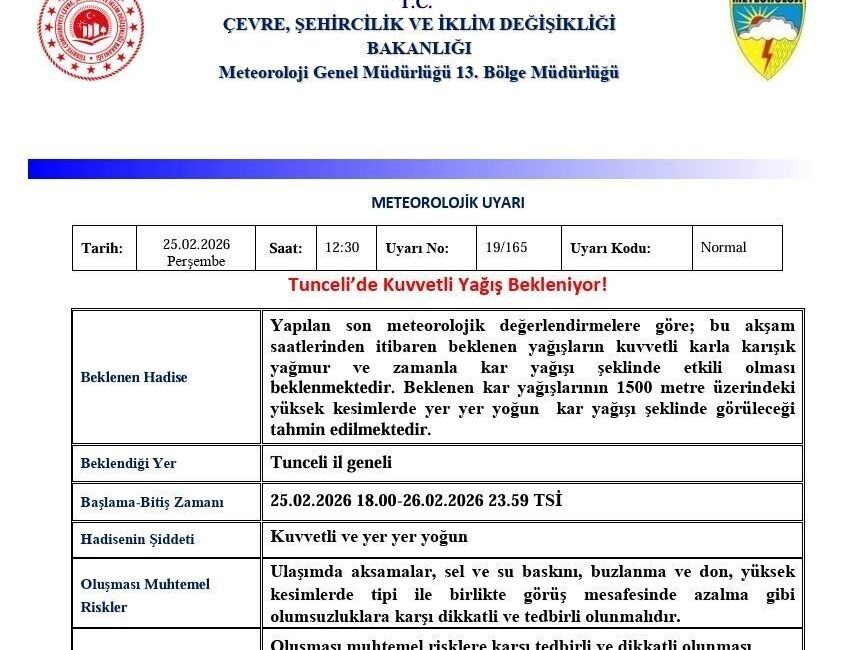 Meteoroloji 13. Bölge Müdürlüğü, Tunceli için kuvvetli yağış uyarısı yaptı.