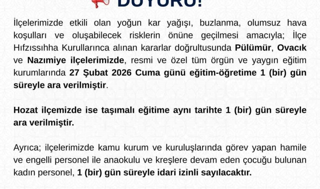 Tunceli’de yoğun kar yağışı ve buzlanma nedeniyle Pülümür, Ovacık ve