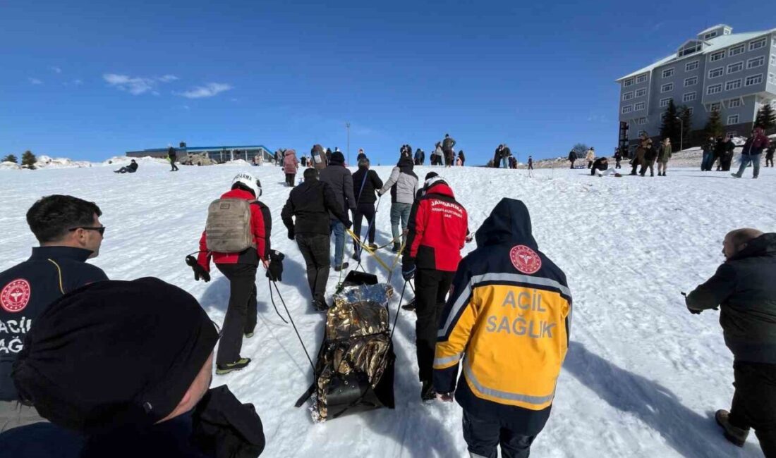 Kış turizminin gözde merkezlerinden Uludağ’da kızakla kayan bir tatilci kontrolünü
