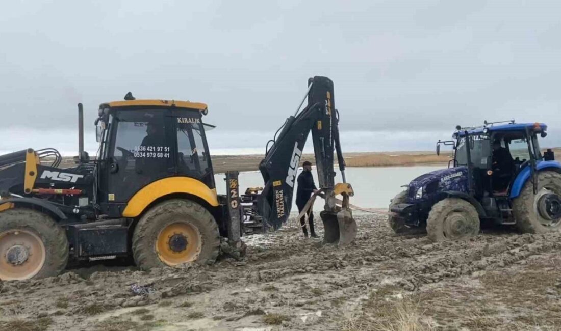 Bitlis’in Adilcevaz ilçesinde, Van Gölü sahilinde çamura saplanan bir traktör,