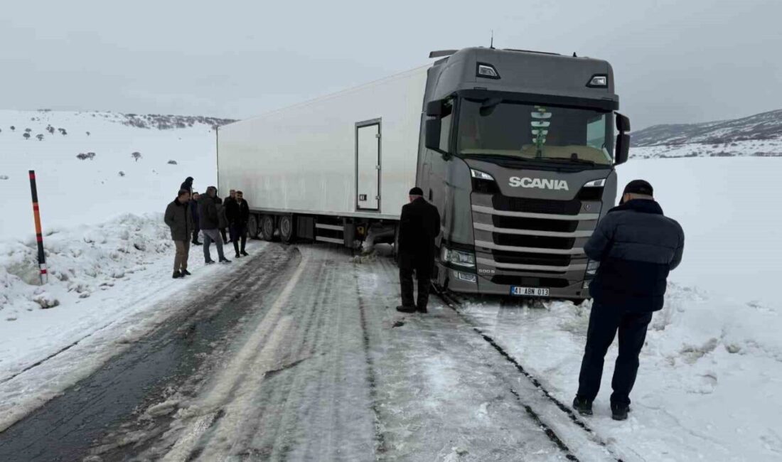 Muş’un Varto ilçesinde kar yağışı sonrası kayganlaşan yolda kayan bir