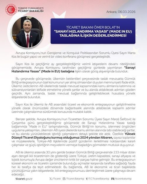 Ticaret Bakanı Ömer Bolat, Avrupa Komisyonu’nun Genişleme ve Komşuluk Politikasından