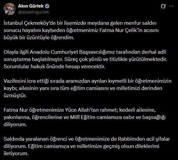 Adalet Bakanı Akın Gürlek, Öğretmen Fatma Nur Çelik’in öldürülmesine ilişkin,