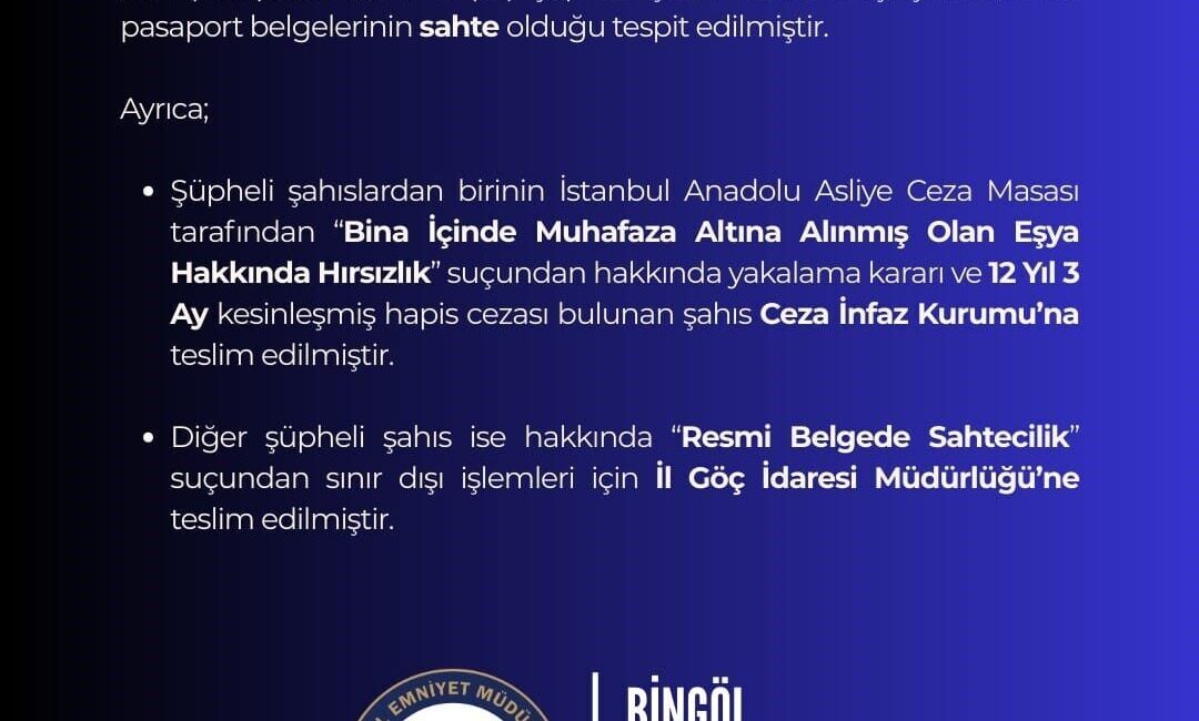 Bingöl’de polis ekipleri tarafından yapılan çalışmada, sahte pasaport ile yakalanan