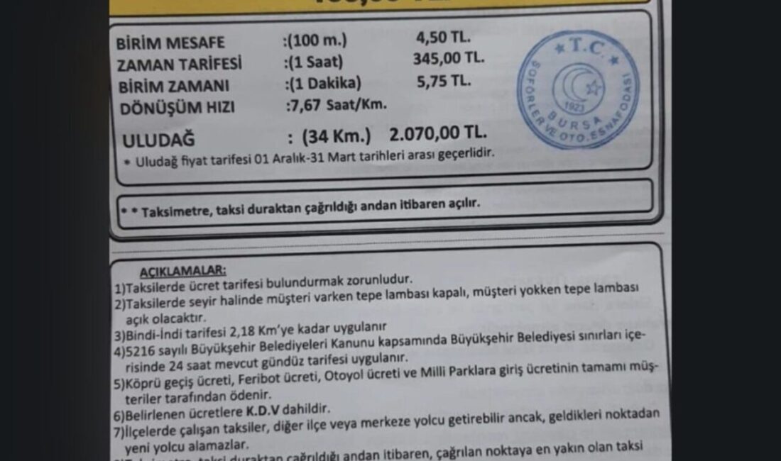 Bursa’da taksi ücretlerine zam yapıldı. Yeni ücret tarifesine göre taksimetre