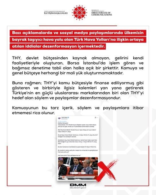 Dezenformasyonla Mücadele Merkezi (DMM), bazı açıklamalarda ve sosyal medya paylaşımlarında