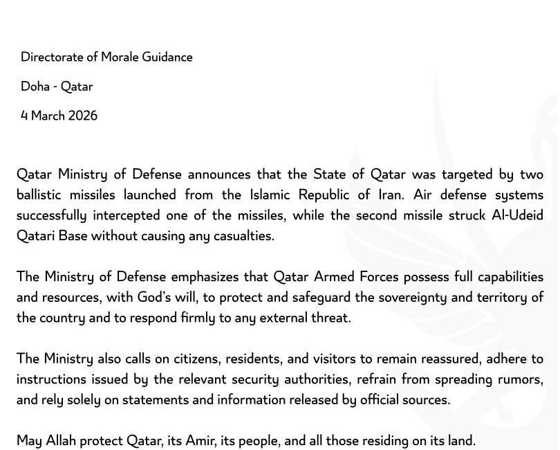 Katar Savunma Bakanlığı’ndan yapılan açıklamada, İran’dan fırlatılan 2 balistik füzeden