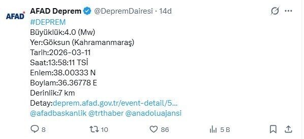Kahramanmaraş’ın Göksun ilçesinde 4 büyüklüğünde deprem meydana geldi. Afet ve