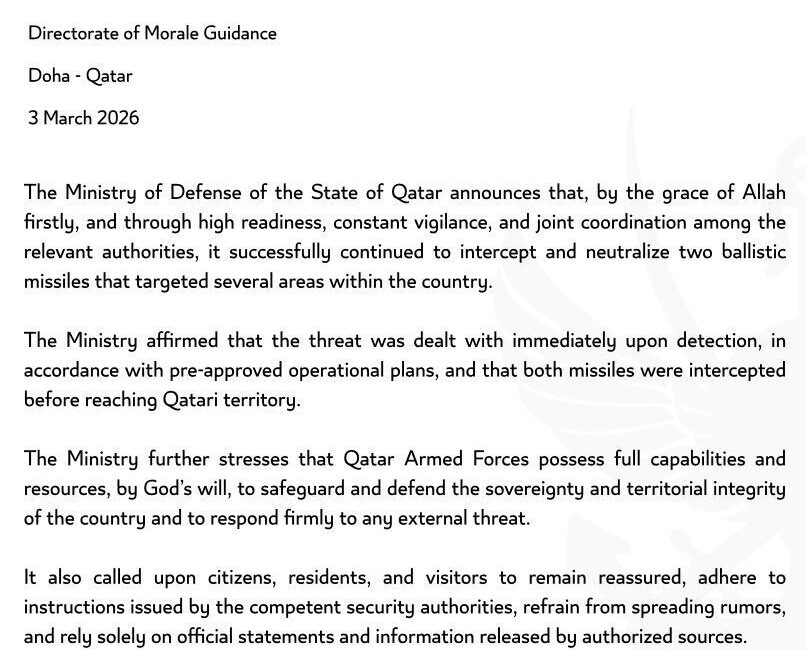 Katar Savunma Bakanlığı, 2 balistik füzenin daha engellendiğini duyurdu. Şimdiye