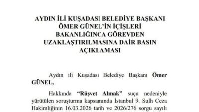 İçişleri Bakanlığı tarafından yapılan açıklamada, Aydın’a bağlı Kuşadası İlçe Belediye