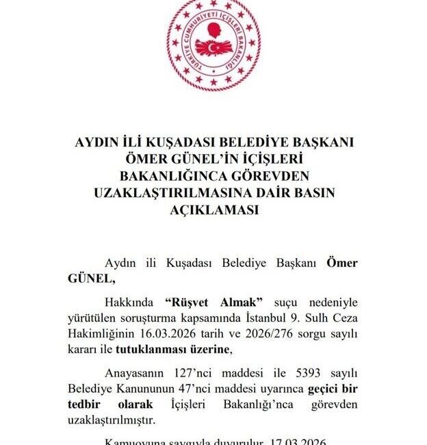 İçişleri Bakanlığı tarafından yapılan açıklamada, Aydın’a bağlı Kuşadası İlçe Belediye
