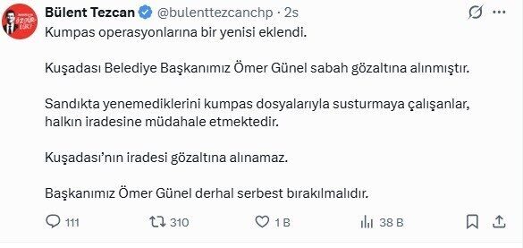 Kuşadası Belediye Başkanı Ömer Günel, bugün sabah saatlerinde henüz bilinmeyen