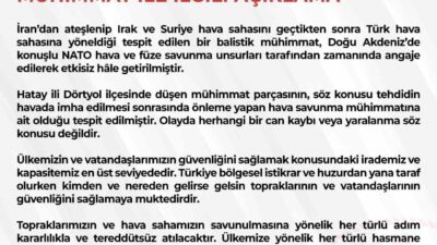 Milli Savunma Bakanlığı, İran’dan ateşlenerek Irak ve Suriye hava sahasını
