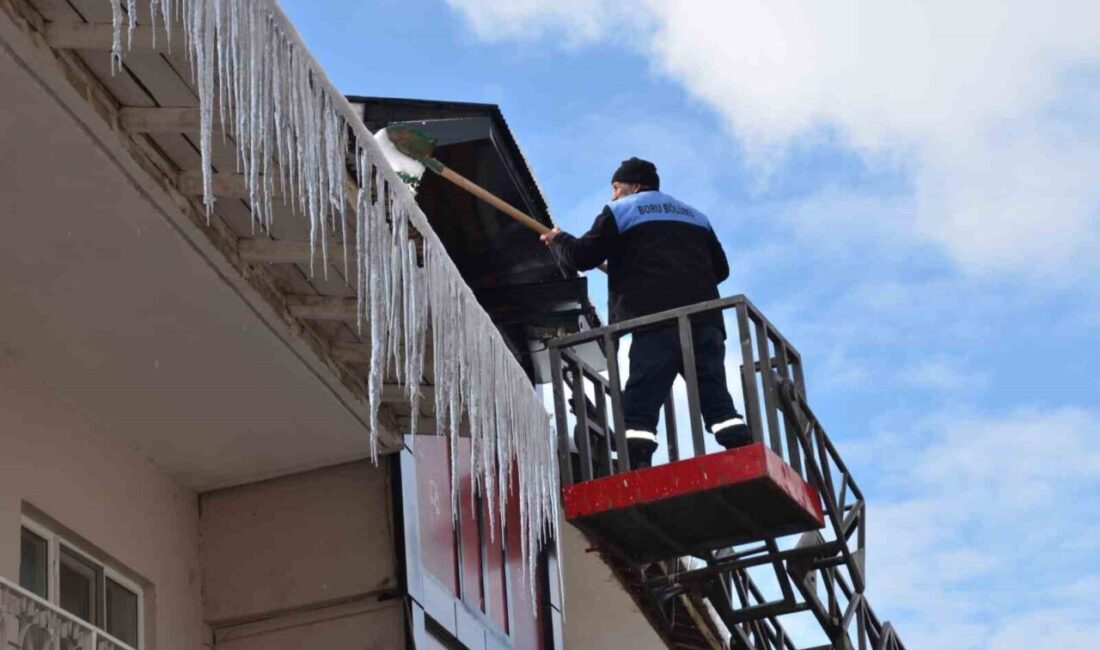 Tercan Belediyesi ekipleri, ilçe genelinde bina saçaklarında oluşan buz sarkıtlarını