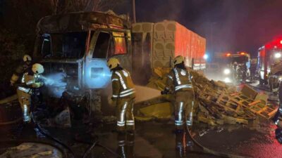 Tuzla’da E-5 Karayolu’nda seyir halindeki taş yünü yüklü bir tır