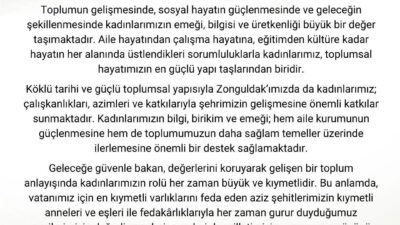 Zonguldak Valisi Osman Hacıbektaşoğlu, 8 Mart Dünya Kadınlar Günü dolayısıyla