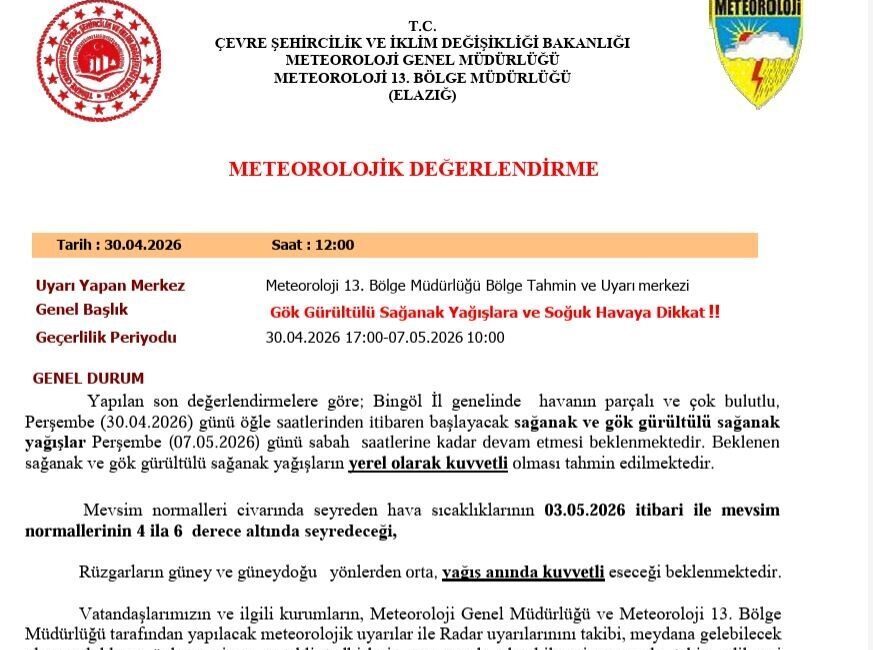 Meteoroloji 13. Bölge Müdürlüğü, Bingöl için gök gürültülü sağanak yağış