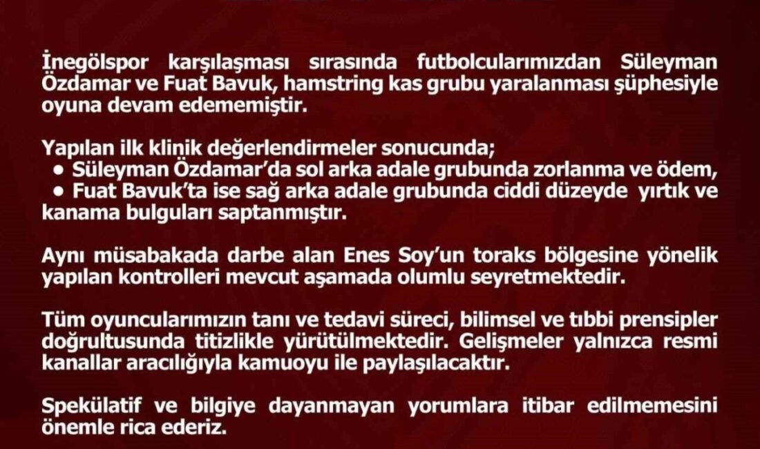 Elazığspor kulübü, İnegölspor karşısında oynanan maçta sakatlanan futbolcuların sağlık durumlarına