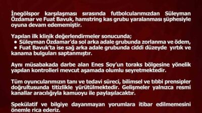 Elazığspor kulübü, İnegölspor karşısında oynanan maçta sakatlanan futbolcuların sağlık durumlarına