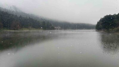 Bolu’nun doğa harikası Gölcük Tabiat Parkı’nda kar yağışı ve sis