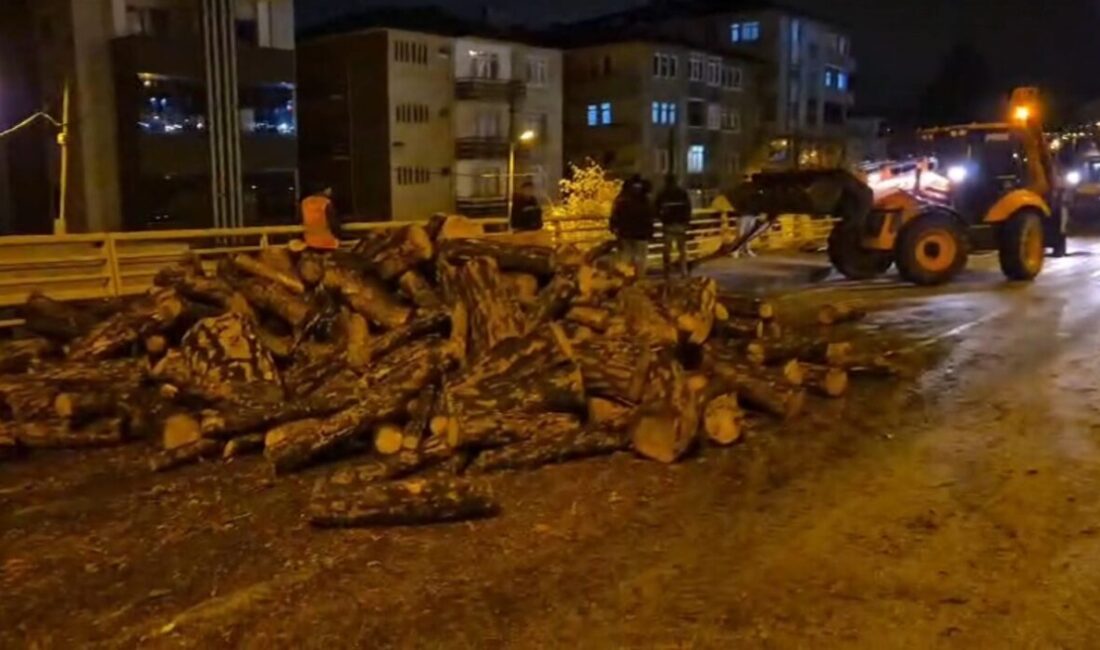 Karabük-Kastamonu karayolunda kamyondan dökülen odunlar, ekiplerin yaklaşık 1 saat süren