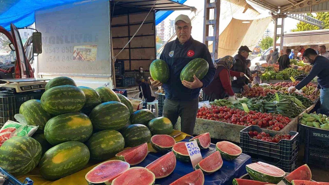 Mersin’de sezonun ilk karpuzları pazarda satışa çıkarken, dilim dilim müşteriye
