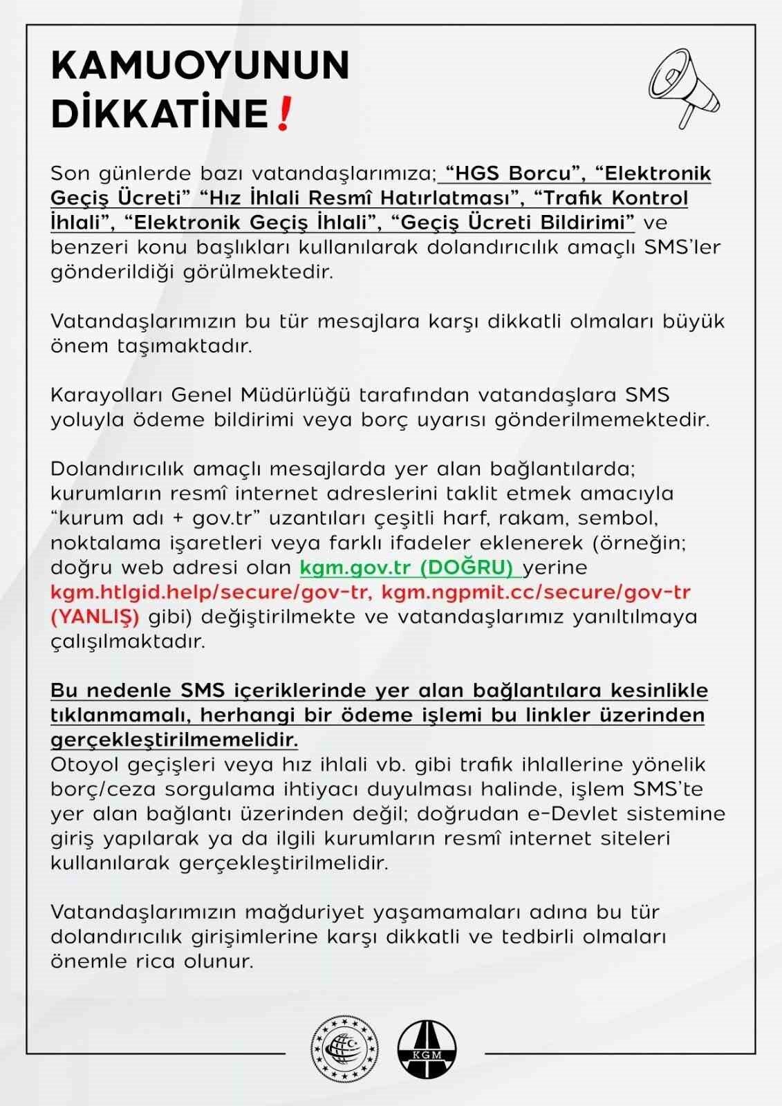 Karayolları Genel Müdürlüğü, dolandırıcılık amaçlı SMS’lere karşı vatandaşların dikkatli ve