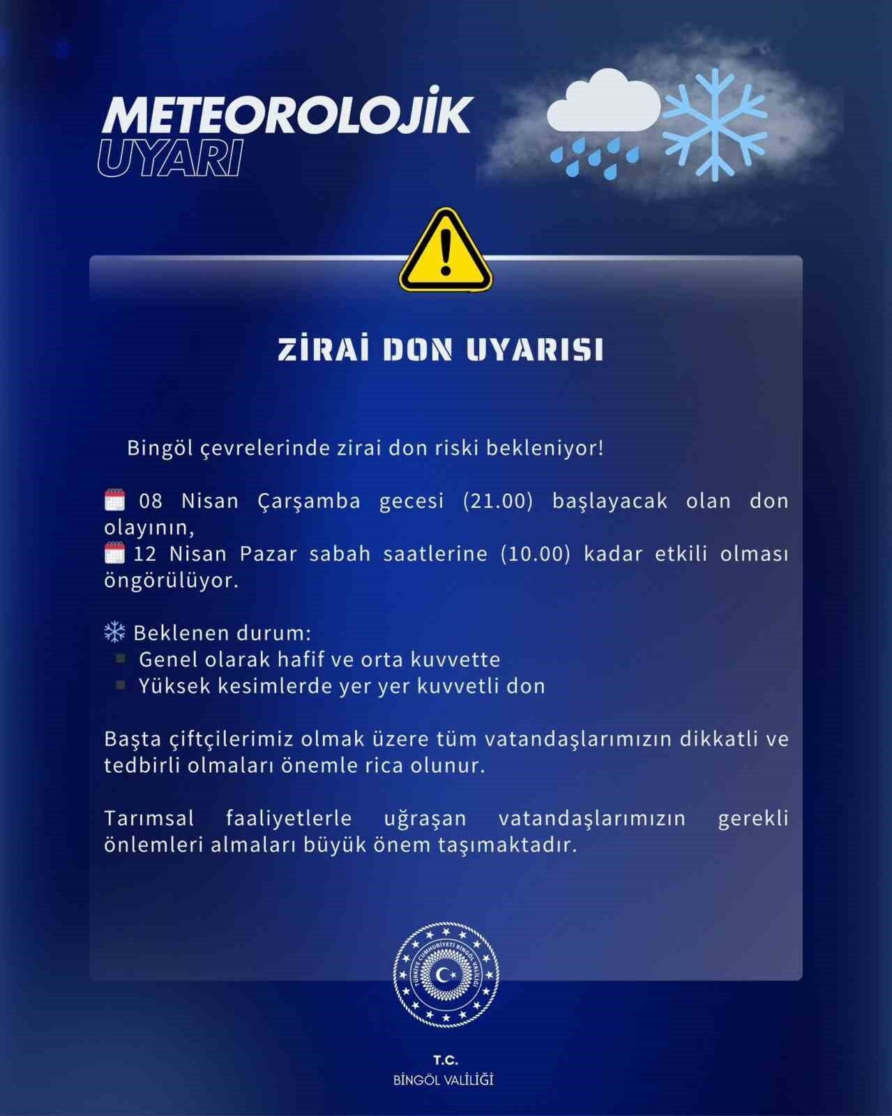 Meteoroloji 13. Bölge Müdürlüğü tarafından Bingöl için kuvvetli yağış uyarısı