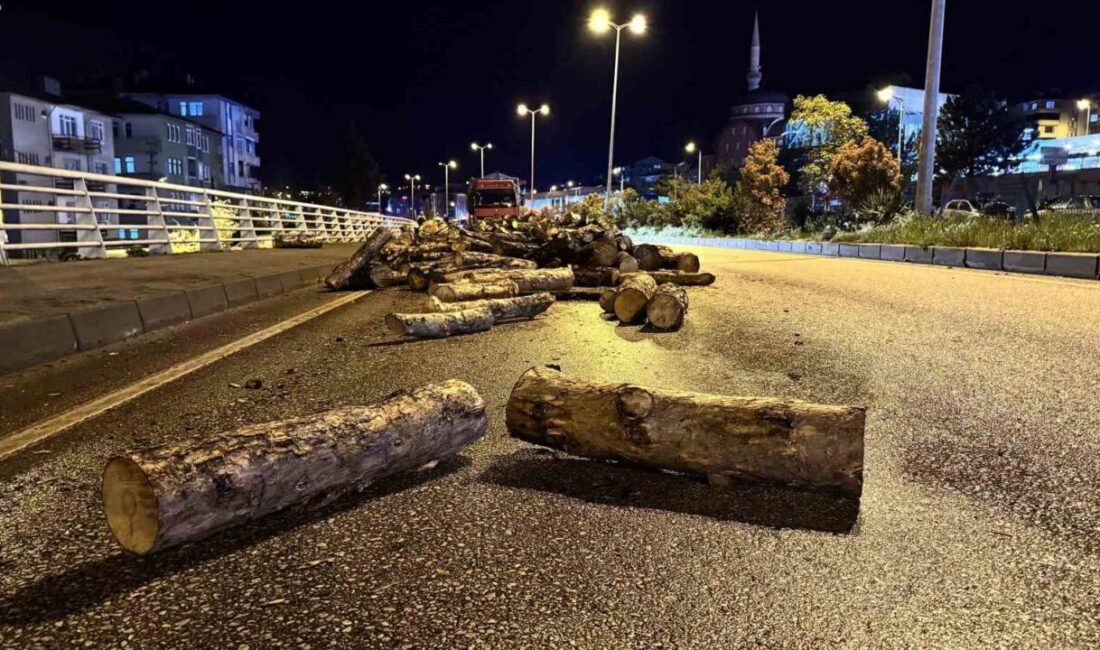 Karabük’te seyir halindeyken damperi kalkan kamyondaki odunlar kara yoluna dökülürken,