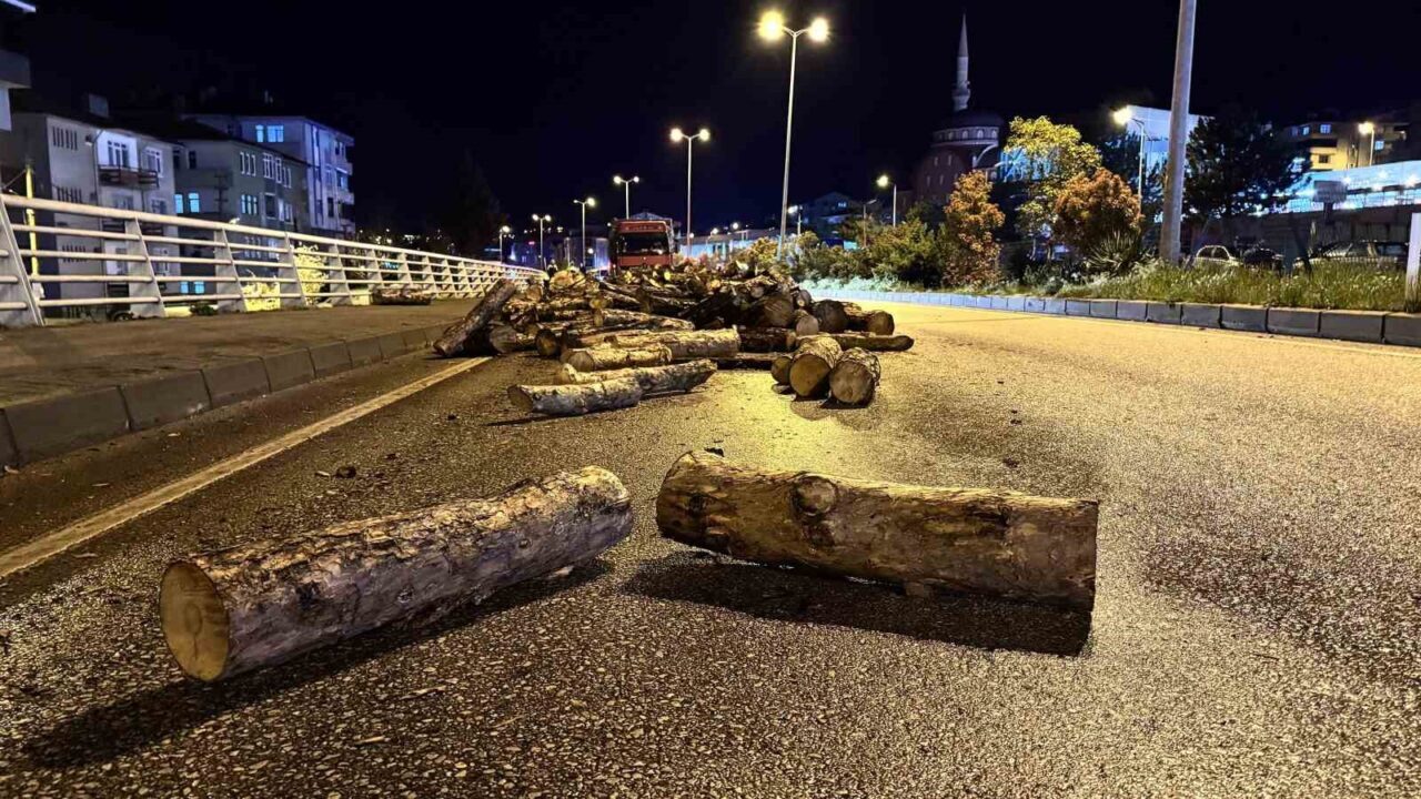 Karabük’te seyir halindeyken damperi kalkan kamyondaki odunlar kara yoluna dökülürken,