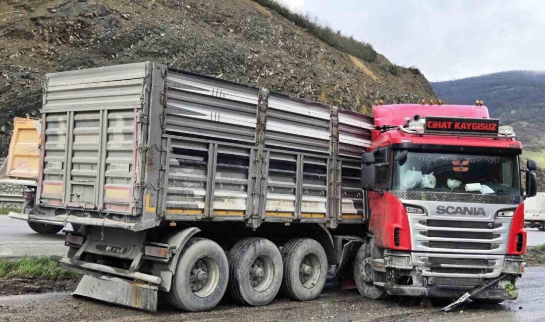 Samsun’un Kavak ilçesinde yağışın etkisiyle kayganlaşan yolda kontrolden çıkan tırın