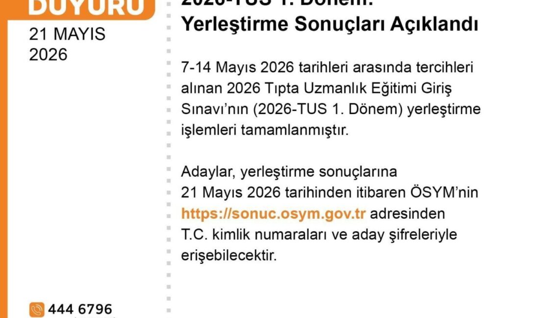 2026-TUS 1. Dönem yerleştirme sonuçları Ölçme, Seçme ve Yerleştirme Merkezi’nin