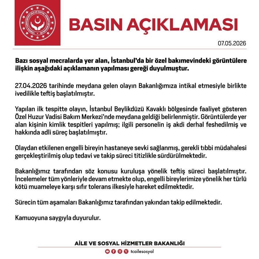 Aile ve Sosyal Hizmetler Bakanlığı, İstanbul’da özel bir bakımevinde ortaya