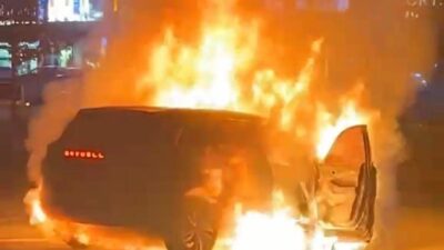 Diyarbakır’ın merkez Kayapınar ilçesinde alev topuna dönen elektrikli SUV, yangın