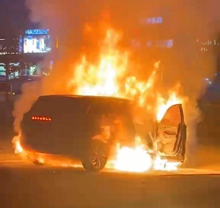 Diyarbakır’ın merkez Kayapınar ilçesinde alev topuna dönen elektrikli SUV, yangın
