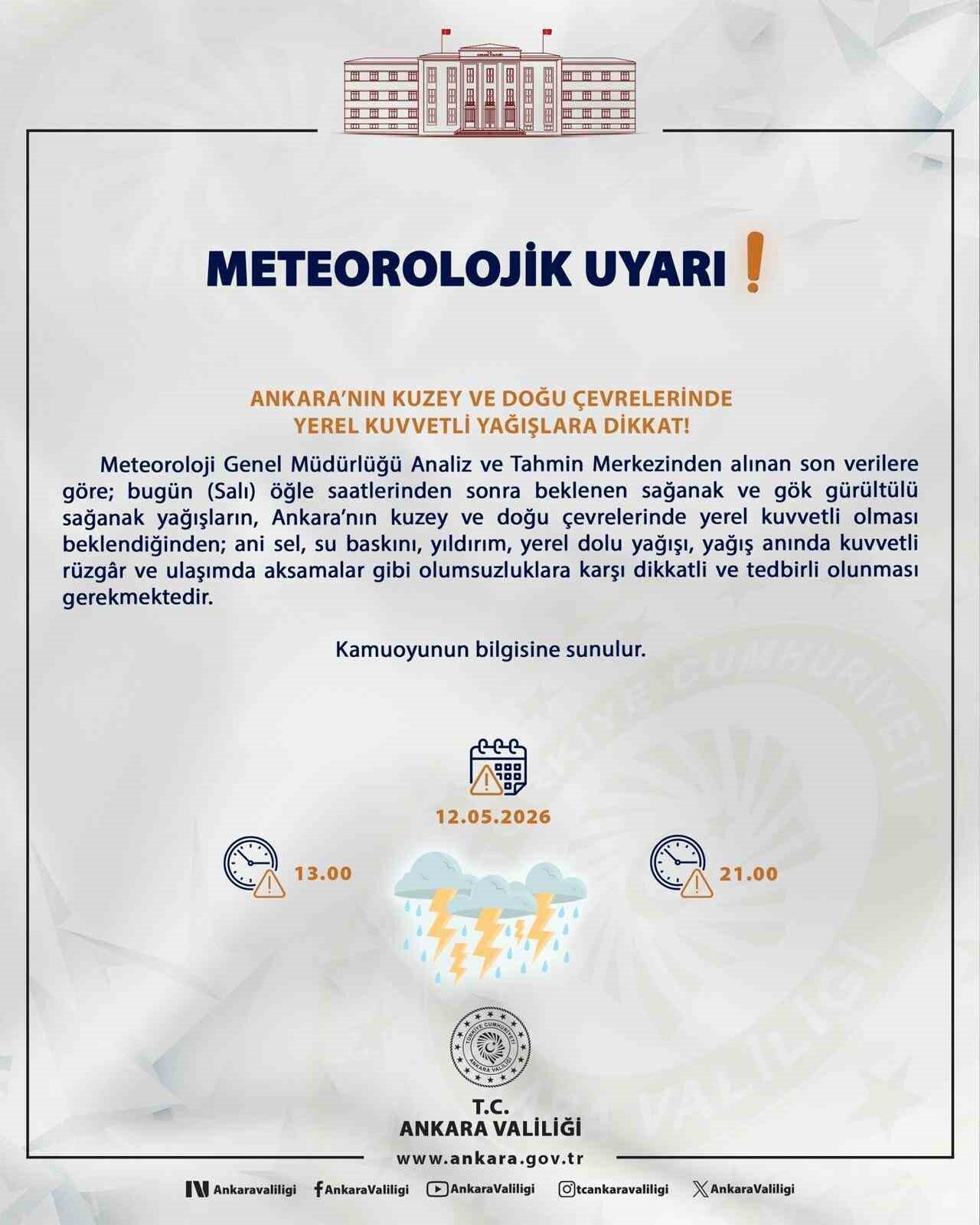 Ankara Valiliği, meteoroloji verilerine göre Başkent’in kuzey ve doğu çevrelerinde