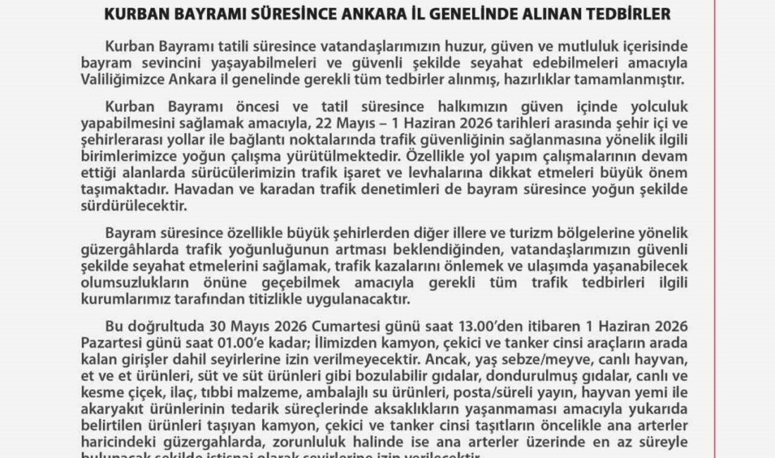 Ankara Valiliği, Kurban Bayramı süresince vatandaşların huzur ve güvenliği için