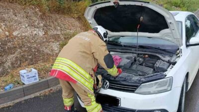 Hatay’ın Arsuz ilçesinde otomobilin motor kısmına sıkışan yavru kediler, ekiplerin