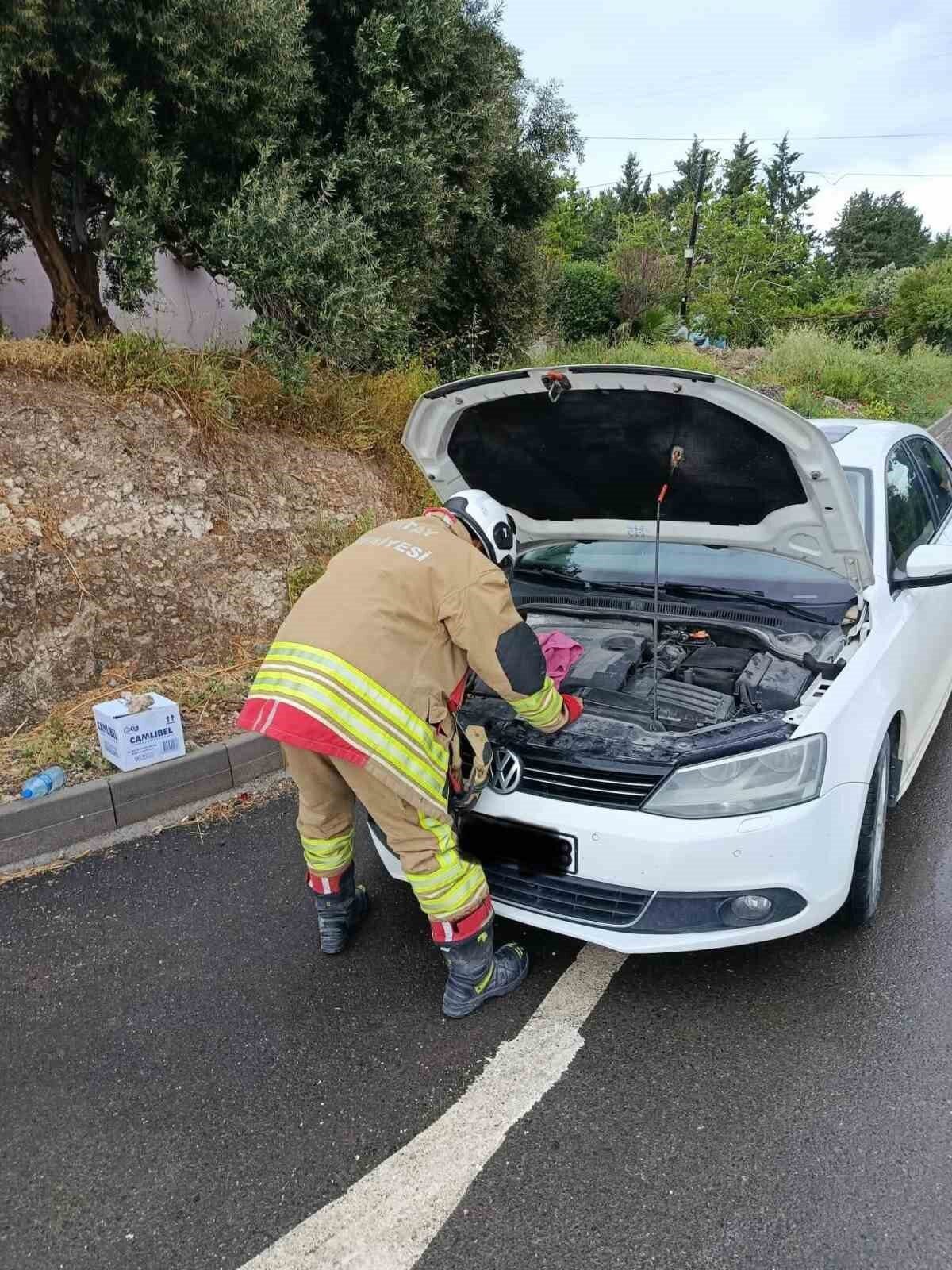 Hatay’ın Arsuz ilçesinde otomobilin motor kısmına sıkışan yavru kediler, ekiplerin