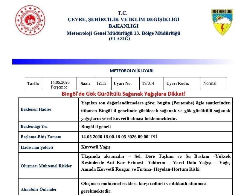 Meteoroloji 13. Bölge Müdürlüğü, Bingöl için gök gürültülü sağanak yağış