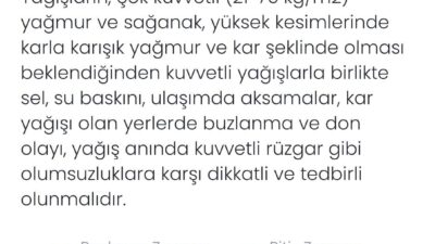 Meteoroloji tarafından yapılan açıklamada Denizli için yer yer çok kuvvetli