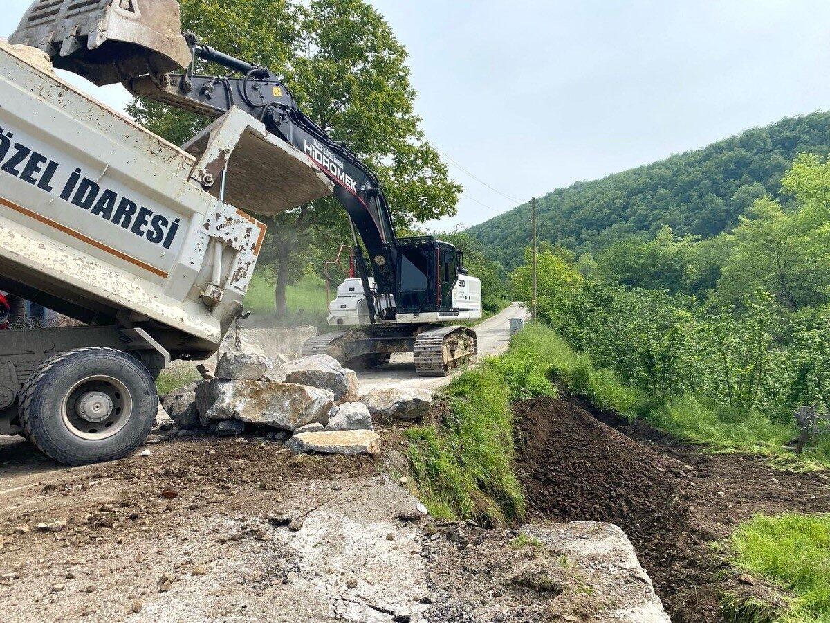 Düzce İl Özel İdaresi, Çamlısu Köyü’ndeki heyelan bölgesinde taş tahkimatı