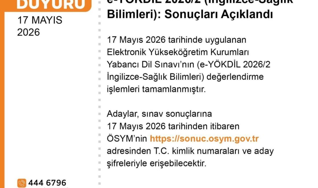 Ölçme, Seçme ve Değerlendirme Başkanlığı (ÖSYM), e-YÖKDİL 2026/2 “İngilizce-Sağlık Bilimleri”