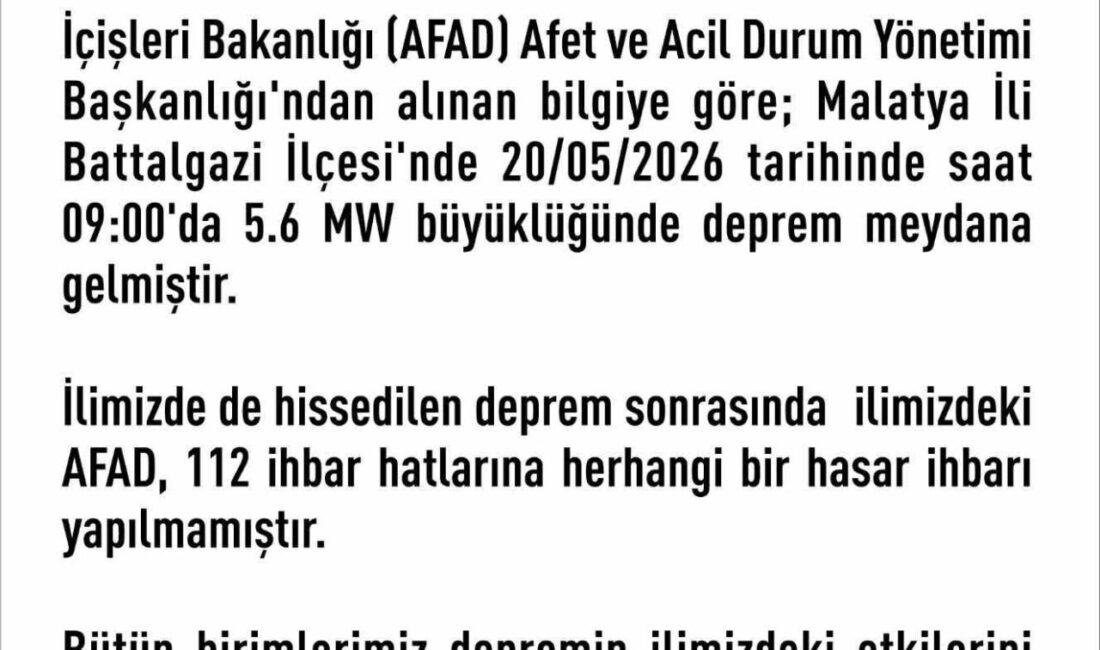 Elazığ Valiliği merkez üssü Malatya Battalgazi olan 5.6 büyüklüğündeki depremin