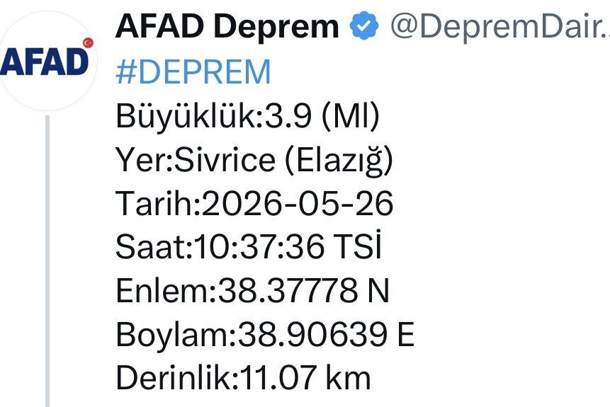 Elazığ’da 3.9 büyüklüğünde deprem meydana geldi. Afet ve Acil Durum