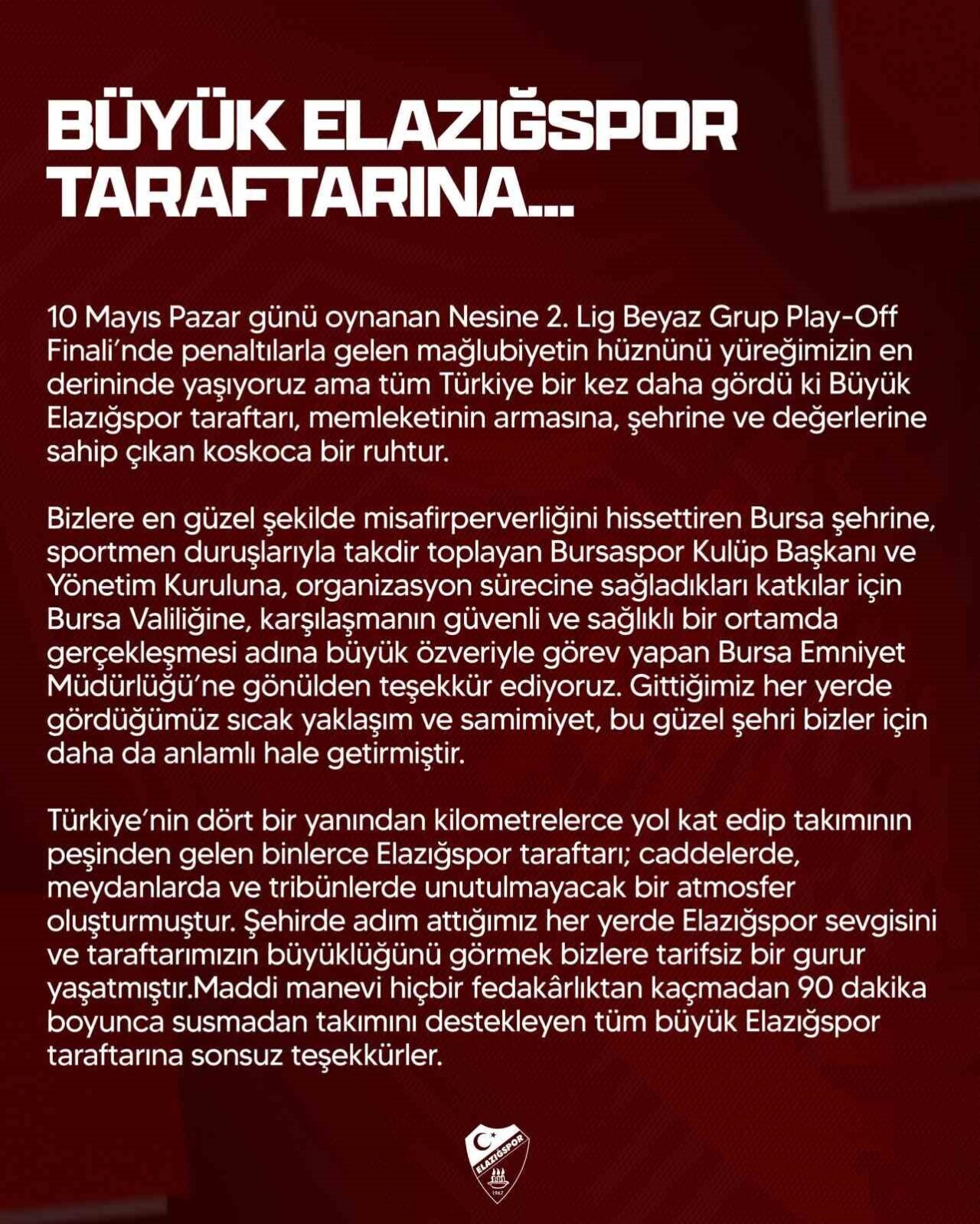 Muğlaspor yenilgisi sonrası resmi sayfasında açıklama yapan Elazığspor, “1967’den bu