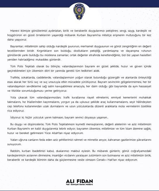 Emniyet Genel Müdürü (EGM) Ali Fidan, Kurban Bayramı dolayısıyla yayımladığı